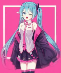 Rule 34 | 1girl, ;d, absurdres, black skirt, black thighhighs, blue eyes, blue hair, breasts, collared shirt, cosplay, cowboy shot, floating hair, gradient hair, hatsune miku, heart, highres, ille (xcpa7325), long hair, looking at viewer, miniskirt, multicolored hair, necktie, one eye closed, open mouth, pink background, pink hair, pink necktie, pleated skirt, sakura miku, sakura miku (cosplay), shirt, skirt, sleeveless, sleeveless shirt, small breasts, smile, solo, standing, thighhighs, very long hair, vocaloid, white shirt, wing collar, zettai ryouiki