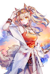 Rule 34 | 1girl, absurdres, adjusting eyewear, angelina (arknights), angelina (summer flower) (arknights), animal ears, arknights, black collar, bracelet, breasts, brown eyes, brown hair, chain, collar, cowboy shot, eyewear on head, fox ears, fox girl, fox tail, gloves, hair between eyes, hand on eyewear, highres, holding, infection monitor (arknights), jewelry, long hair, looking at viewer, medium breasts, mido (mido chen), necklace, official alternate costume, one-piece swimsuit, parted lips, red one-piece swimsuit, sarong, simple background, single glove, solo, spaghetti strap, sunglasses, swimsuit, swimsuit cover-up, tail, twintails, twitter username, white background, white gloves, white sarong