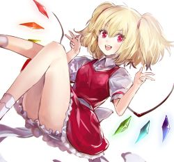 Rule 34 | 1girl, alternate hairstyle, back bow, banned artist, blonde hair, blush, bow, breasts, collared shirt, commentary request, crystal, double v, eyelashes, fangs, feet out of frame, fingernails, flandre scarlet, floating, frilled sleeves, frills, hair ornament, hair scrunchie, unworn headwear, knees, kozou (soumuden), looking at viewer, open mouth, puffy short sleeves, puffy sleeves, red eyes, red scrunchie, red skirt, red vest, ribbon, scrunchie, shirt, short hair, short sleeves, simple background, skirt, slit pupils, small breasts, socks, solo, teeth, thighs, touhou, two side up, upper teeth only, v, vest, white background, white shirt, white socks, wing collar, wings