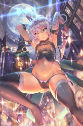 Rule 34 | 1girl, ahoge, armpits, arms up, backlighting, bandaged arm, bandages, bikini, black bikini, black footwear, black gloves, boots, breasts, building, cleavage, cleavage cutout, clock, clock tower, clothing cutout, copyright name, dagger, dual wielding, elizabeth tower, fate/grand order, fate (series), from below, full moon, gloves, gluteal fold, hair between eyes, holding, holding weapon, jack the ripper (fate/apocrypha), knife, london, looking at viewer, looking down, midair, moon, navel, night, night sky, outdoors, scar, scar on face, shiny skin, short hair, silver hair, sky, sleeveless, small breasts, solo, stomach, swimsuit, thigh boots, thighhighs, tower, weapon, yoshimoto (dear life)