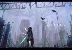 Rule 34 | 1girl, alcxome, angel, arknights, bird, building, cityscape, copyright name, energy wings, exusiai (arknights), facing away, fog, giant tree, gun, halo, highres, letterboxed, originium (arknights), red hair, shirt, skyscraper, standing, steel beam, tree, weapon, white shirt, wide shot, wings