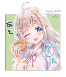 Rule 34 | 1girl, ;d, absurdres, ahoge, blue eyes, blush, character request, collared shirt, commentary request, doughnut, dress shirt, food, green background, grey hair, hand up, head tilt, highres, holding, holding food, long hair, looking at viewer, multicolored hair, neck ribbon, one eye closed, open mouth, pink hair, pink ribbon, puffy short sleeves, puffy sleeves, ribbon, shirt, short sleeves, smile, solo, sousouman, streaked hair, teeth, translation request, twinbox school, two-tone background, upper teeth only, white background, white shirt