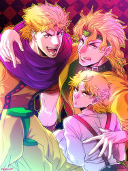 Rule 34 | 3boys, bad id, bad pixiv id, blonde hair, child, dio brando, jojo no kimyou na bouken, licking lips, male focus, meiji ken, multiple boys, multiple persona, aged up, red eyes, scarf, suspenders, tongue, tongue out, vampire, aged down