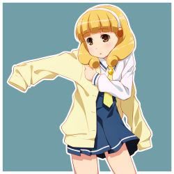 Rule 34 | 10s, 1girl, arm out of sleeve, blonde hair, blush, cardigan, dressing, hairband, highres, kise yayoi, open cardigan, open clothes, precure, sayousuke, school uniform, short hair, skirt, smile precure!, solo, sweater, white hairband, yellow eyes