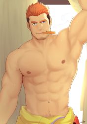 Rule 34 | 1boy, abs, arm up, armpits, bara, bare arms, bare shoulders, beard, blue eyes, body hair, brown hair, cigar, facial hair, gyee, highres, large pectorals, long sideburns, looking at viewer, male focus, manly, multicolored hair, muscular, navel, nipples, no tattoo, open mouth, orange hair, pants, pectorals, rand (gyee), sideburns, simple background, smile, smoking, solo, stubble, topless male, upper body, yellow pants, zifu