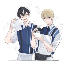 Rule 34 | 18 kawaki, 2boys, absurdres, bandaid, bandaid on cheek, bandaid on face, black hair, black necktie, blonde hair, blue eyes, blue necktie, blue shirt, character request, collared shirt, glasses, highres, holding, holding paper, lee (punishing: gray raven), long sleeves, multiple boys, necktie, open mouth, paper, punishing: gray raven, shirt, short hair, short sleeves, two-tone shirt, white shirt