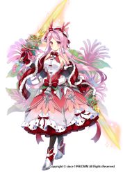 Rule 34 | 1girl, bell, black pantyhose, bow, christmas, closed mouth, dress, dual wielding, flower, flower knight girl, full body, holding, holding sword, holding weapon, kurot, layered dress, long hair, looking at viewer, name connection, object namesake, official art, pantyhose, pink eyes, pink hair, plaid, red bow, sangobana (flower knight girl), sash, shoes, simple background, smile, solo, standing, sword, waist bow, weapon, white background