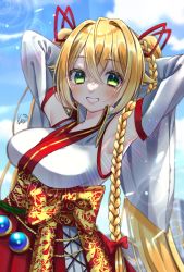 Rule 34 | .live, armpits, arms up, blonde hair, blush, braid, breasts, cloud, commentary request, detached sleeves, green eyes, hair between eyes, hair ornament, highres, koiro iro, kongou iroha, large breasts, lens flare, long braid, looking at viewer, nontraditional miko, sky, virtual youtuber