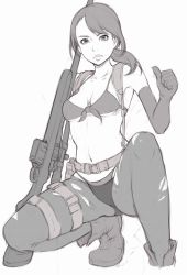 Rule 34 | 1girl, belt, bikini, breasts, elbow gloves, gloves, greyscale, gun, ina (gokihoihoi), medium breasts, metal gear (series), metal gear solid v: the phantom pain, monochrome, navel, pantyhose, pantyhose over swimsuit, ponytail, quiet (metal gear), short hair, solo, squatting, swimsuit, thumbs up, torn clothes, torn pantyhose, underboob, weapon