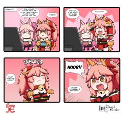 Rule 34 | 2girls, 4koma, angry, animal ear fluff, animal ears, animal hands, arms up, artist logo, bell, blush, cat paws, closed eyes, collar, comic, commentary, controller, copyright name, detached sleeves, english commentary, english text, engrish text, fangs, fate/grand order, fate (series), fox ears, fox girl, fox tail, game controller, glasses, gloves, hair between eyes, hair ribbon, highres, holding, holding controller, holding game controller, japanese clothes, jingle bell, keita naruzawa, kimono, koyanskaya (fate), long sleeves, looking at another, looking at object, looking to the side, multiple girls, neck bell, open mouth, parted lips, paw gloves, paw shoes, pink hair, pink kimono, pink ribbon, ponytail, ranguage, red collar, red kimono, red ribbon, ribbon, sidelocks, smile, speech bubble, square 4koma, tail, tamamo (fate), tamamo cat (fate), thought bubble, yellow eyes