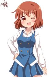 Rule 34 | 1girl, anime coloring, blue skirt, blue vest, blush, breasts, brown eyes, brown hair, collared shirt, commentary request, cowboy shot, dress shirt, fang, hand on own hip, highres, inokuma youko, kin-iro mosaic, long sleeves, looking at viewer, one eye closed, open mouth, pleated skirt, school uniform, shirt, short hair, signature, simple background, sketch, skirt, smile, solo, standing, usagi koushaku, vest, white background, white shirt