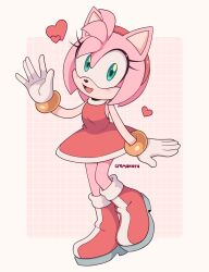 Rule 34 | 1girl, amy rose, boots, border, cremanata, dress, furry, furry female, gloves, green eyes, heart, highres, looking at viewer, open mouth, pink dress, pink footwear, simple background, sonic (series), white border, white gloves
