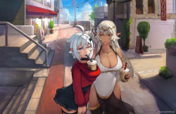 Rule 34 | 2girls, ;), ahoge, antenna hair, bare shoulders, black legwear, blue eyes, breasts, brown eyes, bubble tea, bubble tea challenge, choker, circlet, cleavage, commentary, commentary request, dark-skinned female, dark elf, dark skin, elf, fangs, hair between eyes, hood, hoodie, iliana (unsomnus), jewelry, looking at viewer, luna (unsomnus), multiple girls, necklace, one eye closed, original, outdoors, pelvic curtain, plant, platinum blonde hair, pointy ears, see-through, short hair, smile, thighhighs, unsomnus, vampire, white hair