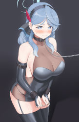 Rule 34 | 1girl, ako (blue archive), bad id, bad pixiv id, bare shoulders, bdsm, belt collar, black background, black collar, black gloves, black hairband, black leotard, black thighhighs, blue archive, blue eyes, blue hair, blush, bondage, bound, bound wrists, breasts, bridal gauntlets, chain, chain leash, cleavage, collar, collarbone, commentary, earrings, garter straps, gloves, haeil2, hairband, halo, highres, jewelry, large breasts, leash, legs together, leotard, long hair, looking at viewer, see-through, simple background, slave, solo, standing, thighhighs