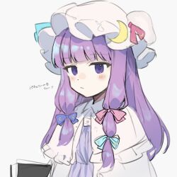 Rule 34 | 1girl, :/, blunt bangs, capelet, commentary request, crescent, crescent hat ornament, crescent print, expressionless, hair ribbon, hat, hat ornament, highres, jill 07km, mob cap, multi-tied hair, patchouli knowledge, purple eyes, purple hair, ribbon, sidelocks, simple background, solo, star (symbol), star print, touhou, tress ribbon, upper body, white background