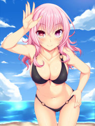 Rule 34 | 1girl, arm up, beach, bikini, black bikini, blue sky, blush, breasts, cleavage, cloud, collarbone, cowboy shot, day, hand on own hip, heart, heart-shaped pupils, heterochromia, highres, large breasts, leaning forward, long hair, looking at viewer, mirei-san (suterii), navel, original, outdoors, pink eyes, pink hair, red eyes, sky, smile, solo, stomach, suterii, swimsuit, symbol-shaped pupils, thigh gap