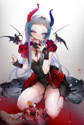Rule 34 | 1boy, :q, absurdres, asymmetrical horns, black choker, black flower, black panties, black rose, black wings, blood, blood on face, blue hair, blush, candy, candy cane, choker, closed mouth, corpse, death, demon boy, demon girl, demon wings, die (ohisashiburi), artistic error, eyeshadow, fingernails, flower, food, forehead, full body, gradient background, grey background, grey hair, guro, hair intakes, half-closed eyes, hands up, head tilt, highres, horns, jewelry, leaning to the side, lipstick, long hair, makeup, male focus, mismatched horns, nail polish, necklace, nose blush, ohisashiburi, original, panties, purple lips, purple nails, rose, seductive smile, seiza, sidelocks, signature, sitting, smile, solo focus, tongue, tongue out, trap, underwear, wings