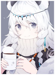 Rule 34 | 1girl, animal ear fluff, animal ears, arknights, blue eyes, braid, circlet, closed mouth, coffee, coffee mug, colored skin, cup, hair ribbon, highres, holding, holding cup, ieufg, jewelry, long hair, looking at viewer, mug, necklace, pramanix (arknights), ribbon, silver hair, smile, solo, tassel, turtleneck, twin braids, upper body, white skin