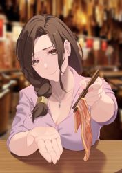 Rule 34 | 1girl, absurdres, booth seating, braid, breasts, brown eyes, brown hair, chopsticks, closed mouth, dress shirt, feeding, food, gotou airi, hige wo soru. soshite joshikousei wo hirou., highres, incoming food, jewelry, large breasts, looking at viewer, meat, nail polish, necklace, photo background, purple shirt, restaurant, serelith, shirt, single braid, sitting, sleeves rolled up, smile, solo, upper body, yakiniku