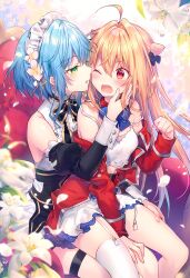 Rule 34 | 2girls, absurdres, ahoge, blonde hair, blue hair, breasts, unworn clothes, couch, fang, flower, green eyes, hand on another&#039;s head, hand on another&#039;s thigh, highres, hikikomari kyuuketsuki no monmon, lily (flower), long hair, looking at another, maid, md5 mismatch, medium breasts, military, military uniform, multiple girls, official art, one eye closed, open mouth, red eyes, resized, resolution mismatch, riichu, short hair, sitting, small breasts, source smaller, terakomari gandezblood, thighhighs, uniform, upscaled, villhaze, yuri