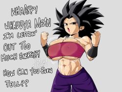 Rule 34 | 1girl, black hair, breasts, caulifla, clothes, dragon ball, dragon ball super, english text, grey background, highres, huge breasts, looking at viewer, medium hair, muscular, muscular female, pseudocel, saiyan, serious, simple background