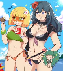 Rule 34 | 3girls, arms (game), artist name, banjo-kazooie, bikini, bird, black bikini, blonde hair, blue eyes, blue hair, blue sky, blush stickers, breasts, byleth (female) (fire emblem), byleth (female) (summer) (fire emblem), byleth (fire emblem), chibi, cleavage, closed eyes, closed mouth, cloud, cup, dagger, day, domino mask, fire emblem, fire emblem: three houses, fire emblem heroes, flower, glass, green eyes, green hair, grin, hair flower, hair ornament, highres, holding, holding cup, karbuitt, kazooie (banjo-kazooie), knife, long hair, mask, min min (arms), multiple girls, nintendo, official alternate costume, one-piece swimsuit, outdoors, sheath, sheathed, sky, smile, sothis (fire emblem), sunglasses, super smash bros., swimsuit, water, weapon