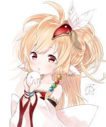 Rule 34 | 10s, 1girl, 2017, animal ears, artist name, bandeau, bare shoulders, bead bracelet, beads, blonde hair, blush, bracelet, capriccio, dated, detached sleeves, feather hair ornament, feathers, food, granblue fantasy, hair beads, hair ornament, harvin, heart, hibanar, holding, holding food, jewelry, long hair, looking at viewer, mahira (granblue fantasy), parted lips, petite, red eyes, signature, simple background, solo, white background, wide sleeves