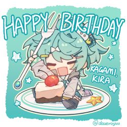 Rule 34 | 1boy, boots, cake, character name, cherry, chibi, closed eyes, commentary request, dazeroyuu, food, fork, fruit, green hair, hair ornament, hairclip, happy birthday, holding, holding fork, holostars, jacket, kagami kira, male focus, mini person, miniboy, necktie, plate, skirt, solo, star (symbol), twitter username, virtual youtuber