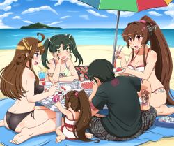 Rule 34 | 10s, 1boy, 4girls, :d, ahoge, alcohol, artist self-insert, ass, bad id, bad pixiv id, barefoot, beach, beach umbrella, bed sheet, beer, beer can, bikini, black bikini, black shirt, blue eyes, breasts, brown hair, butt crack, can, character request, cherry blossoms, child, cleavage, cloud, cloudy sky, commentary request, cup, day, drink can, food, fruit, green bikini, green hair, hair between eyes, highres, island, kantai collection, ko-yamato, kongou (kancolle), large breasts, lemon, long hair, multiple girls, ocean, one-piece swimsuit, open mouth, outdoors, plate, profile, shin&#039;en-san (shin&#039;en), shin&#039;en (gyokuro company), shirt, sitting, sky, smile, striped bikini, striped clothes, swimsuit, t-shirt, twintails, umbrella, wariza, white one-piece swimsuit, yakiniku, yamato (kancolle), yokozuwari, zuikaku (kancolle)