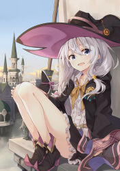Rule 34 | 1girl, azuuru (azure0608), bare legs, black hat, blue eyes, blush, broom, building, castle, cloak, cloud, commentary request, cover, cover page, day, elaina (majo no tabitabi), fantasy, hat, highres, long hair, looking at viewer, majo no tabitabi, messy hair, novel cover, official art, open mouth, original, outdoors, pointy footwear, shirt, shoes, silver hair, sitting, skirt, sky, smile, solo, textless version, tower, white shirt, witch, witch hat