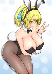 Rule 34 | 1girl, animal ears, arm under breasts, black bow, black bowtie, black leotard, black pantyhose, blonde hair, blue ribbon, blush, bow, bowtie, braid, breasts, cleavage, detached collar, fake animal ears, fake tail, french braid, hair ribbon, highleg, highleg leotard, highres, huge breasts, leotard, looking at viewer, nue no onmyouji, pantyhose, parted lips, playboy bunny, rabbit ears, rabbit tail, ribbon, shiny skin, short ponytail, solo, strapless, strapless leotard, suo kazusa, sweat, tail, thick thighs, thighs, traditional bowtie, u g peru, v, white wrist cuffs, wrist cuffs, yellow eyes