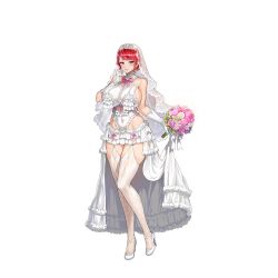 Rule 34 | 1girl, blush, bouquet, breasts, bridal lingerie, bridal veil, bride, cleavage, dress, earrings, flower, frills, full body, game cg, garter straps, gloves, hair bun, high heels, highres, holding, holding bouquet, hongryeon (last origin), huge breasts, jewelry, last origin, lingerie, looking at viewer, mole, mole under eye, navel, official art, purple eyes, red hair, revealing clothes, see-through, showgirl skirt, simple background, single hair bun, smile, solo, tachi-e, taesi, thighhighs, thighs, transparent background, underwear, veil, wedding dress, white dress, white gloves