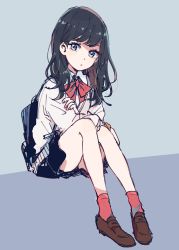 Rule 34 | 1girl, backpack, bag, bare legs, black hair, blue background, blue eyes, bow, bowtie, brown footwear, cardigan, closed mouth, crossed arms, dot nose, elbow rest, from side, full body, gridman universe, head tilt, knees up, loafers, long hair, long sleeves, looking at viewer, looking to the side, miniskirt, mozukuzu (manukedori), red bow, red bowtie, red socks, school uniform, scrunchie, shoes, simple background, sitting, skirt, socks, solo, ssss.gridman, takarada rikka, two-tone background, v-shaped eyebrows, wing collar, wrist scrunchie