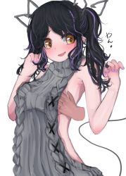 Rule 34 | 1girl, aran sweater, backless dress, backless outfit, black hair, blush, breasts, cable knit, commentary request, demon girl, demon horns, demon tail, disembodied hand, dress, grabbing, grabbing another&#039;s breast, groping, halterneck, highres, horns, kagami moch, kojo anna, kojo anna (3rd costume), long hair, looking back, medium breasts, meme attire, nanashi inc., official alternate costume, open mouth, orange eyes, pointy ears, purple hair, ribbed sweater, sideboob, simple background, solo focus, sugar lyric, sweater, sweater dress, tail, turtleneck, turtleneck sweater, two side up, upper body, virgin killer sweater, virtual youtuber, white background