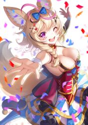 Rule 34 | 1girl, ahoge, alternate costume, animal ear fluff, animal ears, anywhere knock, blonde hair, blue bow, bow, bowtie, braid, breasts, choker, cleavage, clothing cutout, club hair ornament, confetti, corset, crop top, diamond hair ornament, elbow gloves, facial mark, fox ears, fox girl, fox tail, gloves, hair bow, hair ornament, heart, heart-shaped pupils, high heels, highres, hololive, long hair, looking at viewer, medium breasts, multicolored hair, navel, navel cutout, omaru polka, omaru polka (1st costume), one eye closed, open mouth, pink pupils, playing card theme, purple eyes, red bow, red bowtie, shoes, skirt, smile, solo, spade hair ornament, streaked hair, striped clothes, striped skirt, symbol-shaped pupils, tail, virtual youtuber, white background, white wrist cuffs, wrist cuffs