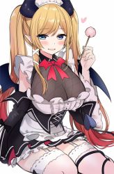 Rule 34 | 1girl, apron, ayamy, black horns, blonde hair, blush, breasts, cleavage, commentary request, demon horns, demon tail, demon wings, fang, fishnet top, fishnets, frills, garter straps, gradient hair, hair ribbon, highres, hololive, horns, large breasts, maid, maid apron, maid headdress, mimikaki, multicolored hair, pointy ears, ribbon, see-through, see-through cleavage, sidelocks, sitting, skin fang, solo, tail, thighhighs, twintails, virtual youtuber, white ribbon, wings, yuzuki choco, yuzuki choco (maid)