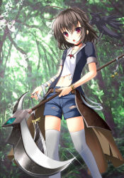 Rule 34 | 1girl, ahoge, bat (animal), bird, black hair, blouse, bracelet, collarbone, cross, cross necklace, crow, day, flat chest, hair between eyes, jewelry, looking at viewer, midriff, navel, necklace, open mouth, original, outdoors, red eyes, scissors, scythe, shirt, short hair, short sleeves, shorts, solo, standing, takataka, thighhighs, torn clothes, torn shirt, torn shorts, white thighhighs