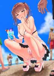 Rule 34 | 1girl, beach, black ribbon, blonde hair, blue sky, blurry, blush, bracelet, brown hair, cloud, cup, depth of field, drink, drinking straw, earrings, embarrassed, fingernails, flower, food, footprints, frilled skirt, frilled swimsuit, frills, fruit, full body, heart, heart print, highres, humiliation, ice, ice cube, jewelry, male swimwear, applying manicure, multiple boys, multiple girls, nail polish, ocean, one-piece swimsuit, open mouth, orange eyes, original, outdoors, pee, pee stain, peeing, peeing self, pink footwear, pink one-piece swimsuit, public indecency, puddle, purposeful wetting, red male swimwear, red swim trunks, ribbon, sand, sandals, shadow, skirt, sky, squatting, straw, sweat, sweatdrop, swim trunks, swimsuit, tearing up, tears, toenail polish, toenails, toes, tsuttsu, twintails, water drop