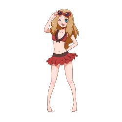 1girl, bikini, bikini skirt, blonde hair, breasts, cleavage, creatures (company), eyewear on head, frilled bikini, frills, full body, game freak, holding, holding eyewear, long hair, neko19920311, nintendo, one eye closed, open mouth, pokemon, pokemon (anime), pokemon xy (anime), red-framed eyewear, serena (pokemon), solo, sunglasses, swimsuit, two-tone bikini