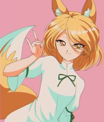 Rule 34 | 1990s (style), 1girl, animal ears, blonde hair, breasts, brown eyes, chromatic aberration, closed mouth, commentary request, dutch angle, eyelashes, film grain, fox ears, fox girl, fox shadow puppet, fox tail, green ribbon, hanadi detazo, highres, kudamaki tsukasa, light brown hair, looking at viewer, mandarin collar, medium hair, pink background, retro artstyle, ribbon, romper, short sleeves, simple background, small breasts, solo, tail, touhou, white romper