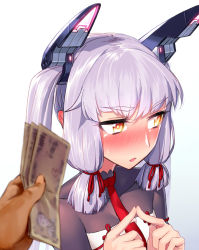 Rule 34 | 10s, 1girl, :o, alternate hairstyle, blew andwhite, blush, collarbone, embarrassed, eyebrows, fingers together, glowing, hair ribbon, headgear, index fingers together, kantai collection, long hair, looking away, money, murakumo (kancolle), necktie, nose blush, open mouth, pov, pov hands, red necktie, red ribbon, remodel (kantai collection), ribbon, sidelocks, silver hair, skin tight, solo focus, sweatdrop, tsurime, twintails, upper body, yellow eyes
