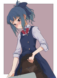Rule 34 | 1girl, alice gear aegis, black pantyhose, blue hair, blush, bow, bow panties, bowtie, branch (blackrabbits), breasts, brooch, clothed masturbation, clothes lift, cowboy shot, crotch rub, desk, dress, eyelashes, female focus, female masturbation, hair ornament, hair ribbon, jewelry, lifted by self, long sleeves, looking down, masturbation, masturbation through clothes, panties, panties under pantyhose, pantyhose, parted lips, pinafore dress, ponytail, purple eyes, ribbon, shirt, sidelocks, simple background, skirt, skirt lift, sleeve cuffs, sleeveless dress, solo, standing, table, table humping, takanashi rei, teardrop, tears, thighband pantyhose, underwear, white panties, white shirt