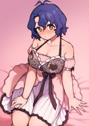 Rule 34 | 1girl, arm support, bare shoulders, bed sheet, blush, bracelet, breasts, cleavage, detached sleeves, floral print, hair between eyes, halterneck, idolmaster, idolmaster million live!, idolmaster million live! theater days, jewelry, kwaejina, large breasts, layered nightgown, looking at viewer, nightgown, on bed, sitting, solo, toyokawa fuka