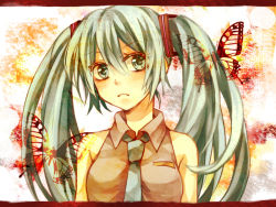 Rule 34 | 1girl, :&lt;, bad id, bad pixiv id, bare shoulders, bug, butterfly, green eyes, green hair, hatsune miku, insect, long hair, makoto (roketto-massyumaro), matching hair/eyes, necktie, solo, twintails, upper body, vocaloid