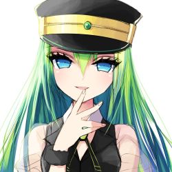Rule 34 | 1girl, alina gray, aqua eyes, bad id, bad twitter id, black hat, black necktie, black vest, blunt ends, brooch, collar, cross tie, detached collar, fur cuffs, gem, green gemstone, green hair, hair between eyes, hat, highres, jewelry, lapels, long hair, looking at viewer, magia record: mahou shoujo madoka magica gaiden, magical girl, mahou shoujo madoka magica, misteor, multicolored hair, necktie, notched lapels, open mouth, peaked cap, puffy short sleeves, puffy sleeves, see-through, see-through sleeves, short sleeves, sidelocks, simple background, sleeve cuffs, smile, solo, straight hair, streaked hair, v-neck, vest, white background, white collar, white sleeves