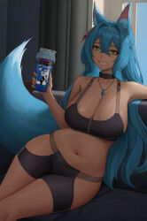 Rule 34 | 1girl, animal ear fluff, animal ears, bare shoulders, blue hair, blue tail, blush, borrowed character, breasts, cleavage, collarbone, fox ears, fox girl, fox tail, green eyes, grin, highres, large breasts, long hair, looking at viewer, navel, original, sister reine (foxyreine), smile, solo, tail, thighs, zaphn