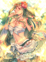 Rule 34 | 1girl, bandeau, breasts, cleavage, creatures (company), flower, game freak, gen 5 pokemon, green hair, hair flower, hair ornament, huge breasts, jewelry, lilligant, long hair, midriff, moe (hamhamham), navel, necklace, nintendo, personification, pokemon, red eyes, skirt hold, solo