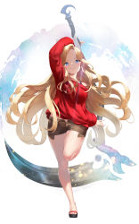 Rule 34 | 1girl, absurdres, arm above head, asymmetrical bangs, bare legs, blade &amp; soul, blonde hair, blue eyes, blush, bra strap, breasts, brown shorts, character request, closed mouth, contrapposto, exposed pocket, forehead, from below, full body, hair intakes, highres, keibeam, large breasts, leg up, long hair, long sleeves, looking at viewer, midriff peek, mole, mole under eye, nail polish, off-shoulder sweater, off shoulder, open fly, red sweater, sandals, shaded face, short shorts, shorts, sickle, simple background, smile, standing, standing on one leg, sweater, swept bangs, tareme, toenail polish, toenails, very long hair, wavy hair, weapon
