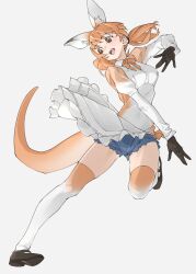 Rule 34 | 1girl, :d, animal ear fluff, animal ears, apron, black gloves, blue shorts, brown eyes, commentary, cutoffs, extra ears, frilled apron, frills, full body, gloves, grey background, highres, juliet sleeves, kangaroo girl, kemono friends, long hair, long sleeves, low twintails, open mouth, orange hair, puffy sleeves, red kangaroo (kemono friends), short shorts, shorts, simple background, smile, solo, tail, tanabe (fueisei), thighhighs, twintails, waist apron