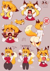 Rule 34 | !, 1girl, @ @, absurdres, animal ears, ass, black pants, blonde hair, blush, blush stickers, bottomless, bow, bowtie, breast reduction, breasts, brown eyes, chibi, constricted pupils, cropped legs, cropped torso, ears down, english text, expressions, fang, fangs, female focus, fewer digits, fox ears, fox girl, fox tail, furry, furry female, highres, jasminthemanticore, large breasts, looking back, looking up, open mouth, original, pants, pawpads, purple background, sidelocks, simple background, solo, spoken food, star-shaped pupils, star (symbol), symbol-shaped pupils, tail, tongue, transformation, vest, worried